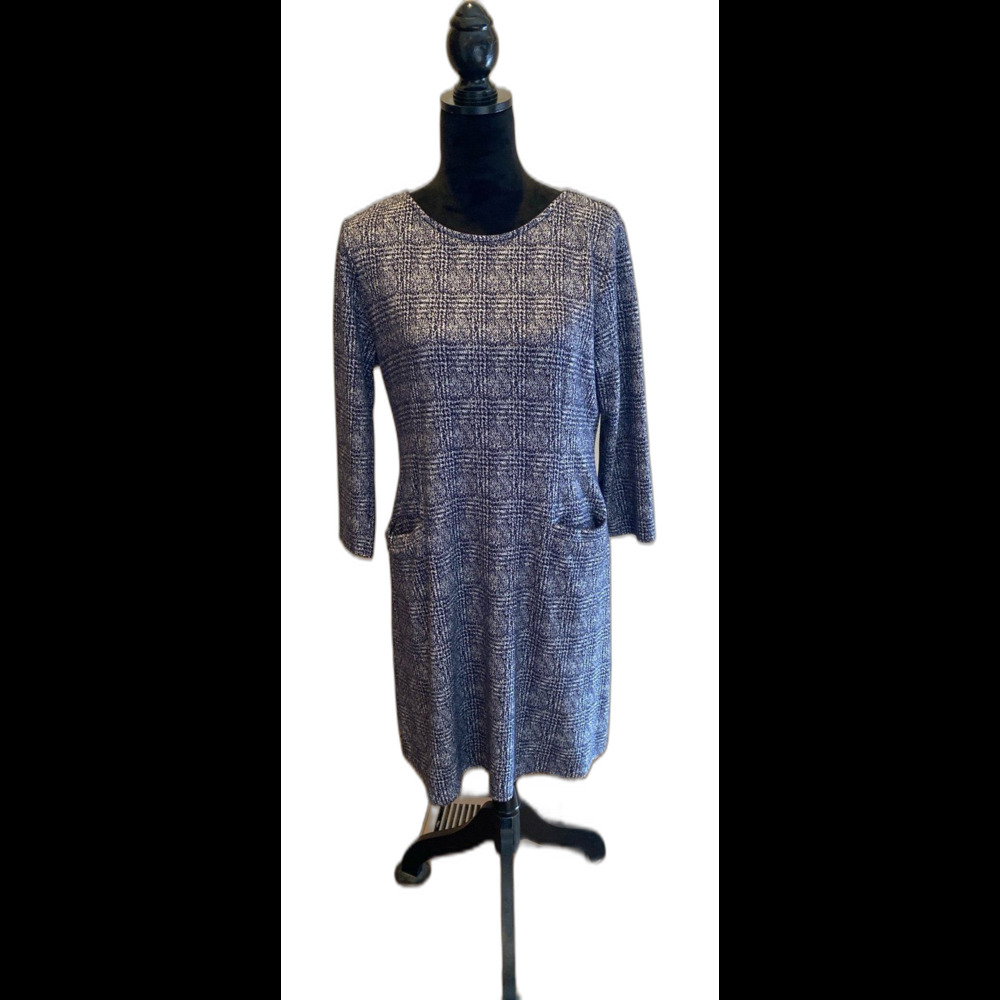 41Hawthorn Dress Navy Pattern Pockets 3/4 Sleeve Zipper Sz Large Fitted Workwear